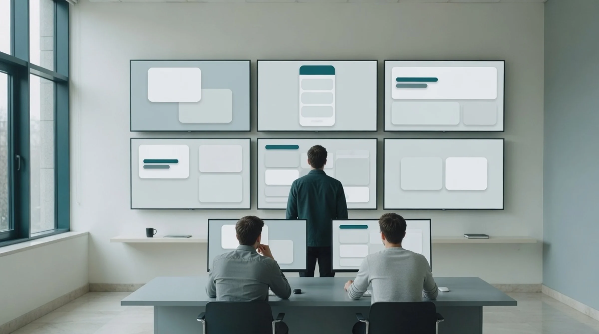 Software team reviewing abstract product screens on a wall of monitors while shipping a digital product