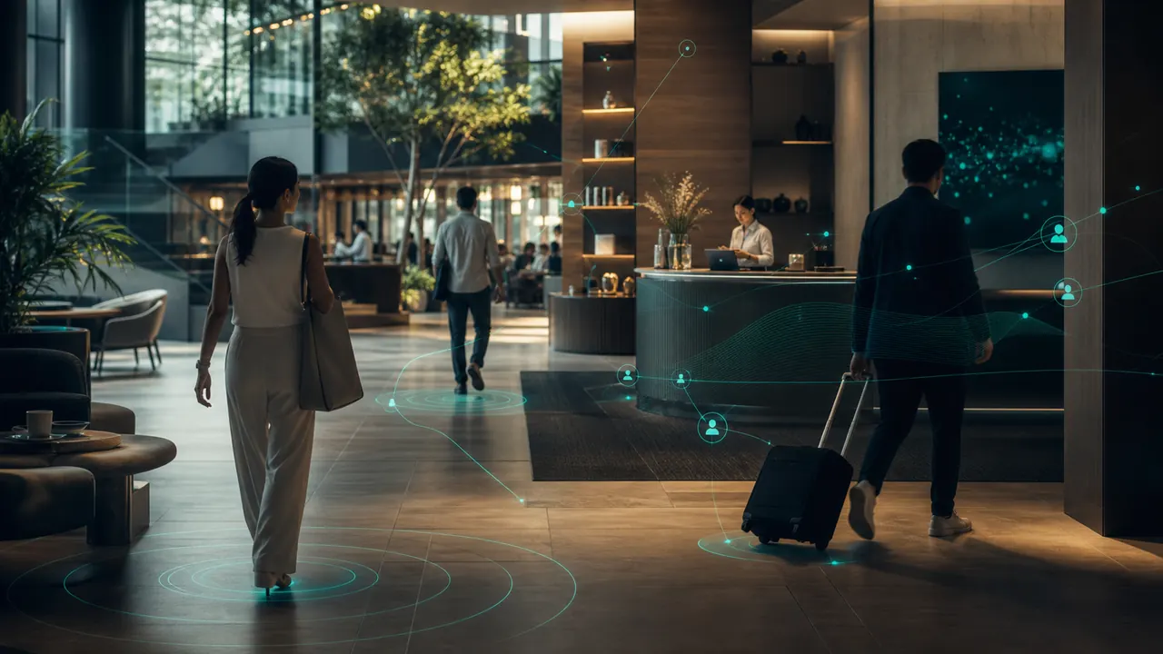 Guests moving through a hospitality arrival space with service and participation cues